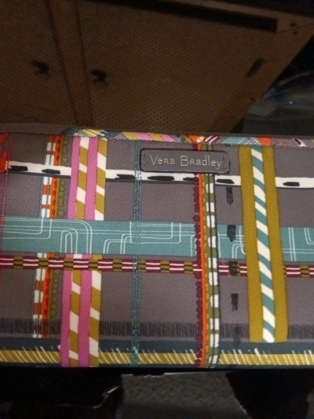 Vera Bradley Gray Wallet with Teal, Pink & Mustard Plaid